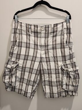 Y2K Men's Plaid 100% Cotton Cargo Shorts - White & Brown & Gray